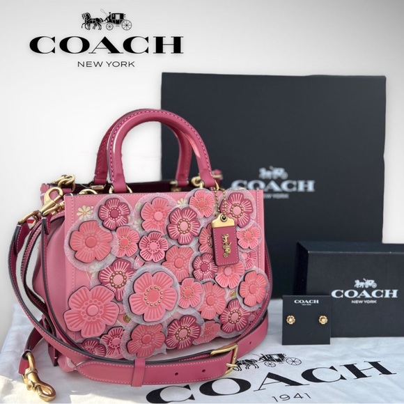 Coach Handbags - AUTHENTICATED NWT Coach Rogue 25 Colorblock w/ Tea Rose & Coach Tea Rose Studs